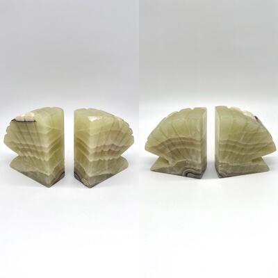 Hand Carved Onyx Stone Bookends Shaped Like Shells ~ 2 Sets