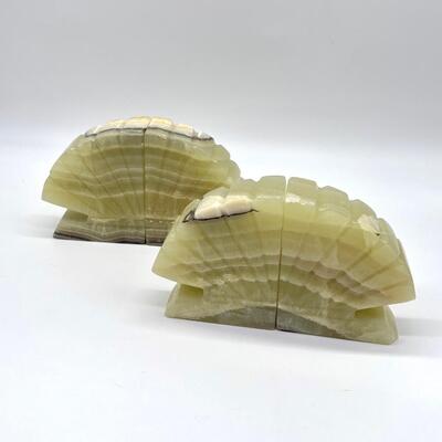 Hand Carved Onyx Stone Bookends Shaped Like Shells ~ 2 Sets