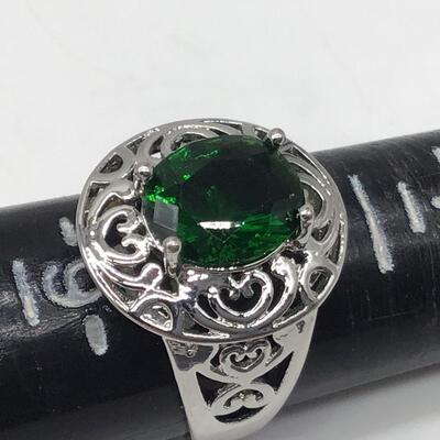 Large Silver 925 Ring Large Green Glass Stone   Tested