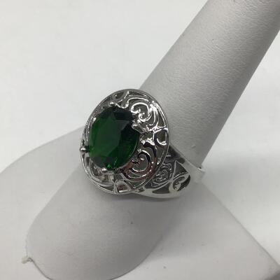 Large Silver 925 Ring Large Green Glass Stone   Tested