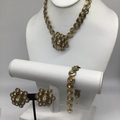Vintage Gold Tone Rhinestone Set Necklace Bracelet Earrings