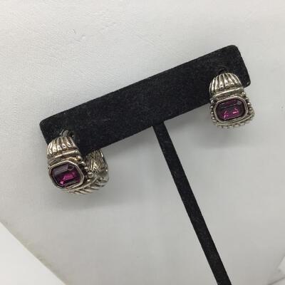 Silver Tone Earrings with Purple Centers