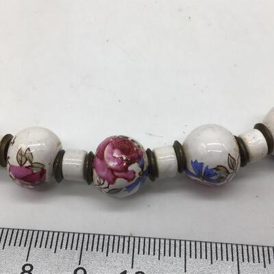 Vintage Hanpainted Porcelain Ceramic necklace red blue rose. Old Barrel clasp