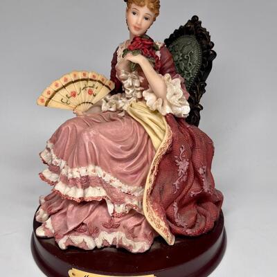 Woman in Chair with Fan & Roses Montefiori Collection Figurine on Wood Base