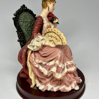 Woman in Chair with Fan & Roses Montefiori Collection Figurine on Wood Base