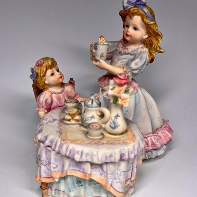 Girls Playing Tea Party Figurine Trinket Box