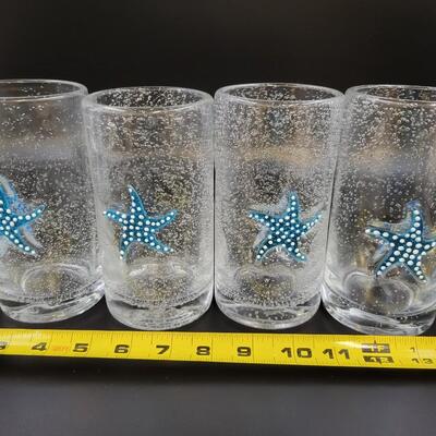 STARFISH SEASIDE HANDBLOWN BUBBLE GLASS PITCHER AND TUMBLERS