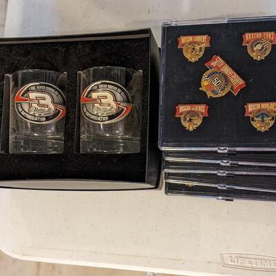 NOS Dale Earnhardt Tumblers and 5 Sets of 50th Anniversary Nascar Pins