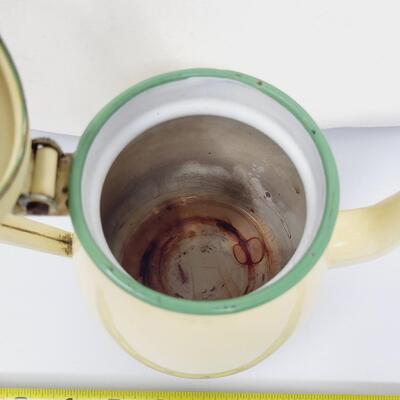 ANTIQUE CREAM & GREEN PYREX ENAMAL COFFEE/ TEA POT
