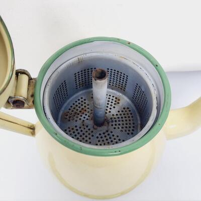 ANTIQUE CREAM & GREEN PYREX ENAMAL COFFEE/ TEA POT