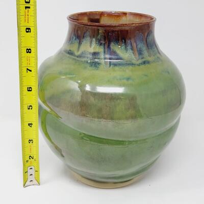 BEAUTIFUL LARGE GREEN & BROWN SIGNED POTTERY VASE