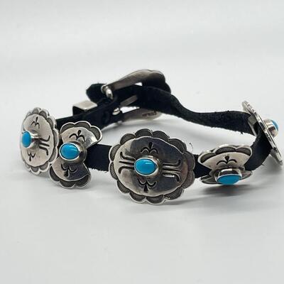 LOT 3: Navajo Bracelet - Sliding Silver/Turquoise Discs on Leather Band - Sterling 