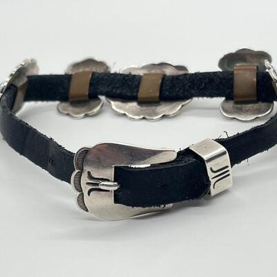 LOT 3: Navajo Bracelet - Sliding Silver/Turquoise Discs on Leather Band - Sterling 