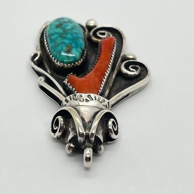 LOT 15: Navajo Coral & Turquoise Pendant - by Designer Eddie Chee