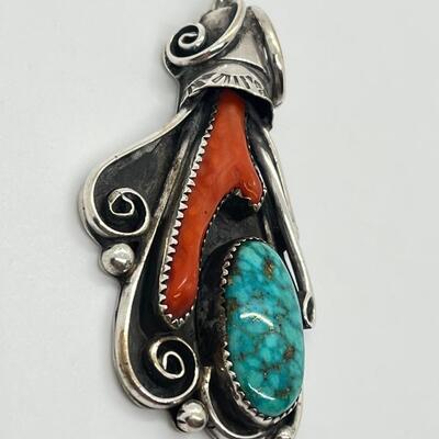 LOT 15: Navajo Coral & Turquoise Pendant - by Designer Eddie Chee