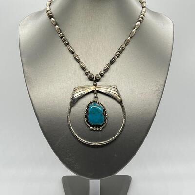 LOT 28: Vintage Eddie Chee Navajo Turquoise & Sterling Silver Pendant Necklace (18