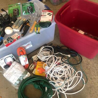 G65- Ext cords, timers, yard items w/tote