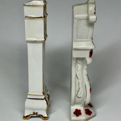 Pair of white with flower pattern grandfather clocks ceramic figurines