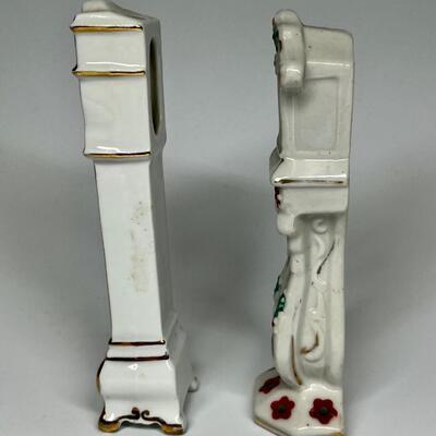 Pair of white with flower pattern grandfather clocks ceramic figurines