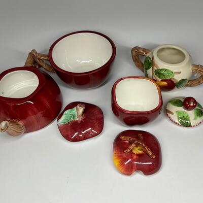 Lot of three apple themed tea pot and sugar bowls