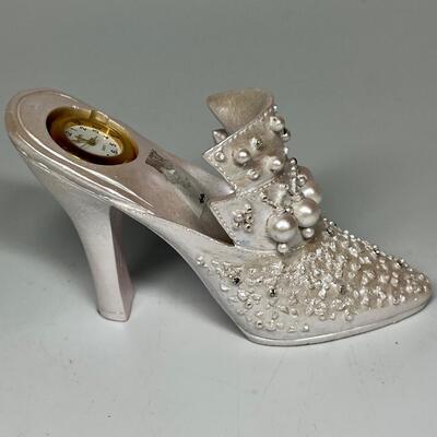 White beaded miniature shoe clock figurine