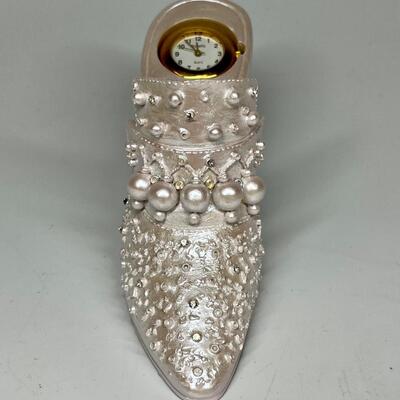 White beaded miniature shoe clock figurine