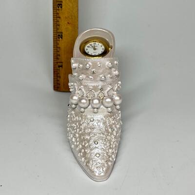 White beaded miniature shoe clock figurine