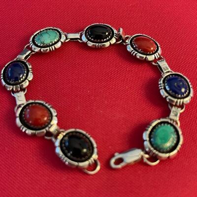 E. Belone Sterling turquoise and cabochon bracelet  20 grams