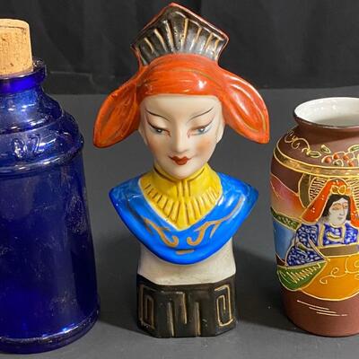 LOT 10:  Vintage Collectibles: Miniature Vase, Cobalt Blue Bottle & Occupied Japan Figure