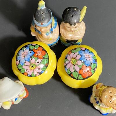 LOT 31: Vintage Japan Salt/Peppers;  Yellow w/Flower Top, Boy/Girl Indians &  Girl/Boy