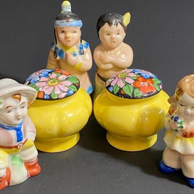 LOT 31: Vintage Japan Salt/Peppers;  Yellow w/Flower Top, Boy/Girl Indians &  Girl/Boy