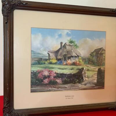 Lot includes 3 smaller Marty Bell prints in ornate wood frames. Depict cottages. Northcoat Lane 290/2400, Cherry Tree Thatch 290/2400,...
