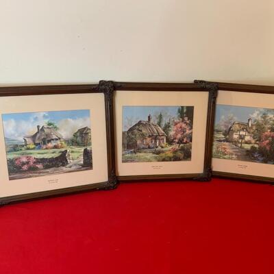 Lot includes 3 smaller Marty Bell prints in ornate wood frames. Depict cottages. Northcoat Lane 290/2400, Cherry Tree Thatch 290/2400,...