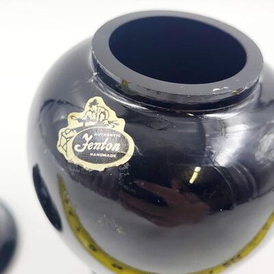 VINTAGE FENTON HAND PAINTED SILVER POPPIES BLACK GLASS GINGER JAR - SIGNED