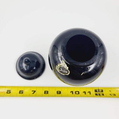 VINTAGE FENTON HAND PAINTED SILVER POPPIES BLACK GLASS GINGER JAR - SIGNED
