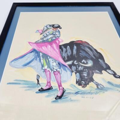 MAGNIFICENT MATADOR BULL FIGHTING GOUACHE WATERCOLOR PAINTING BY GARCIA V. MEXICO