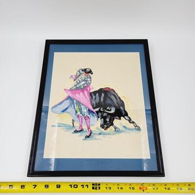 MAGNIFICENT MATADOR BULL FIGHTING GOUACHE WATERCOLOR PAINTING BY GARCIA V. MEXICO