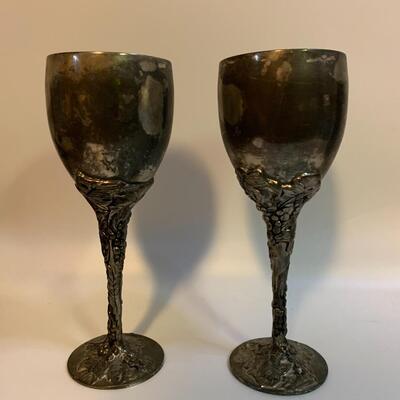 Vintage Pair of Godinger Goblets Drink Cup Silver Plated Grape Stem Motif - each 8â€ tall 3â€ wide approx