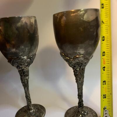 Vintage Pair of Godinger Goblets Drink Cup Silver Plated Grape Stem Motif - each 8â€ tall 3â€ wide approx