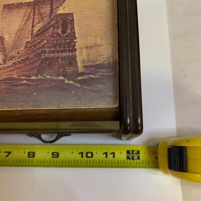 Vintage Nautical Sailboat Brown Wood Jewelry Box Organizer - 12â€ wide x 7â€ deep x 5â€ high approx