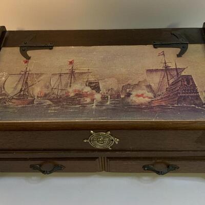 Vintage Nautical Sailboat Brown Wood Jewelry Box Organizer - 12â€ wide x 7â€ deep x 5â€ high approx