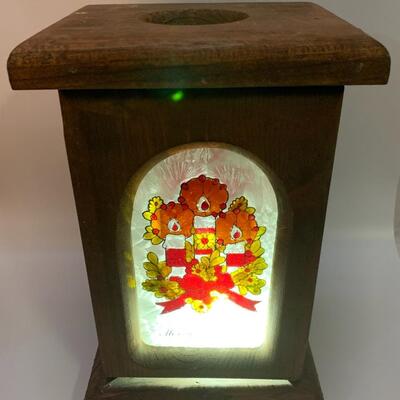 Vintage Wooden â€œMerry Christmasâ€ Lantern Box/Candle Holder- Stained Glass Door - 10â€ high x 6.5â€ wide x 5â€ deep approx