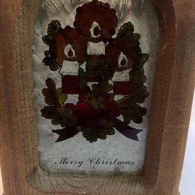 Vintage Wooden â€œMerry Christmasâ€ Lantern Box/Candle Holder- Stained Glass Door - 10â€ high x 6.5â€ wide x 5â€ deep approx