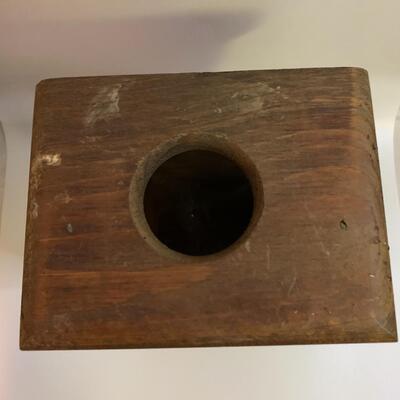 Vintage Wooden â€œMerry Christmasâ€ Lantern Box/Candle Holder- Stained Glass Door - 10â€ high x 6.5â€ wide x 5â€ deep approx