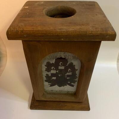 Vintage Wooden â€œMerry Christmasâ€ Lantern Box/Candle Holder- Stained Glass Door - 10â€ high x 6.5â€ wide x 5â€ deep approx