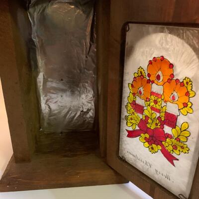 Vintage Wooden â€œMerry Christmasâ€ Lantern Box/Candle Holder- Stained Glass Door - 10â€ high x 6.5â€ wide x 5â€ deep approx