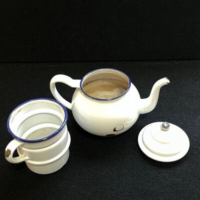 Pair (2) White Enamelware  Lidded Tea Pots