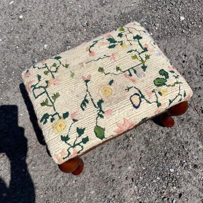 Vintage Small Footstool, Hand Woven Cushion