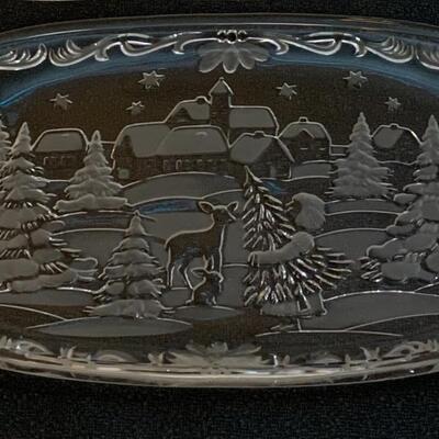 Vintage 1970s Mikasa Christmas Carol Crystal Canape Tray Frosted 15.5â€ long approx