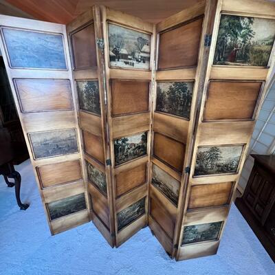 Gorgeous Vintage European 5 Panel Wood Decorated Privacy Screen